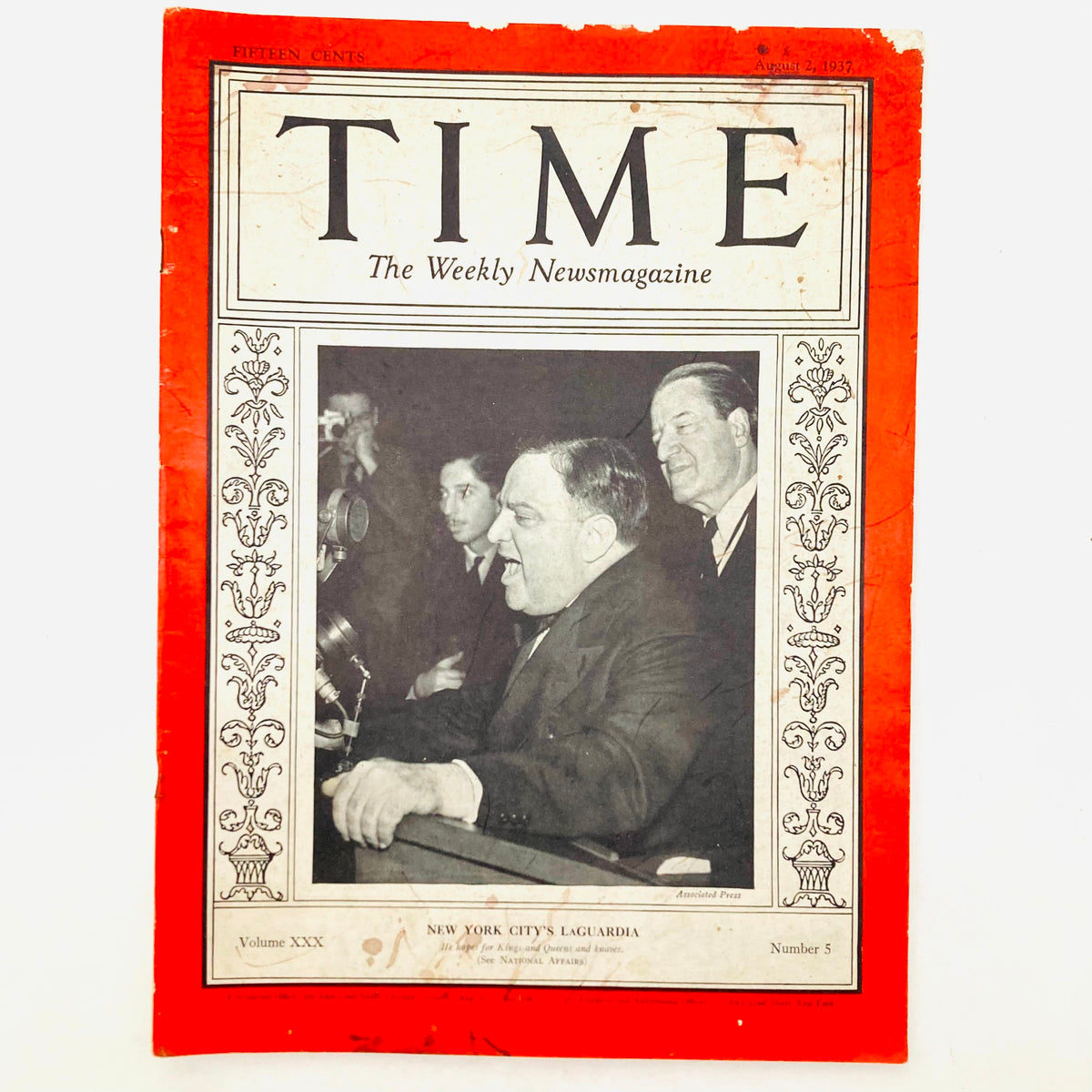 Cover of VTG Time Magazine August 2, 1937, Volume 30, Number 5 featuring a historic image of Fiorello LaGuardia.
