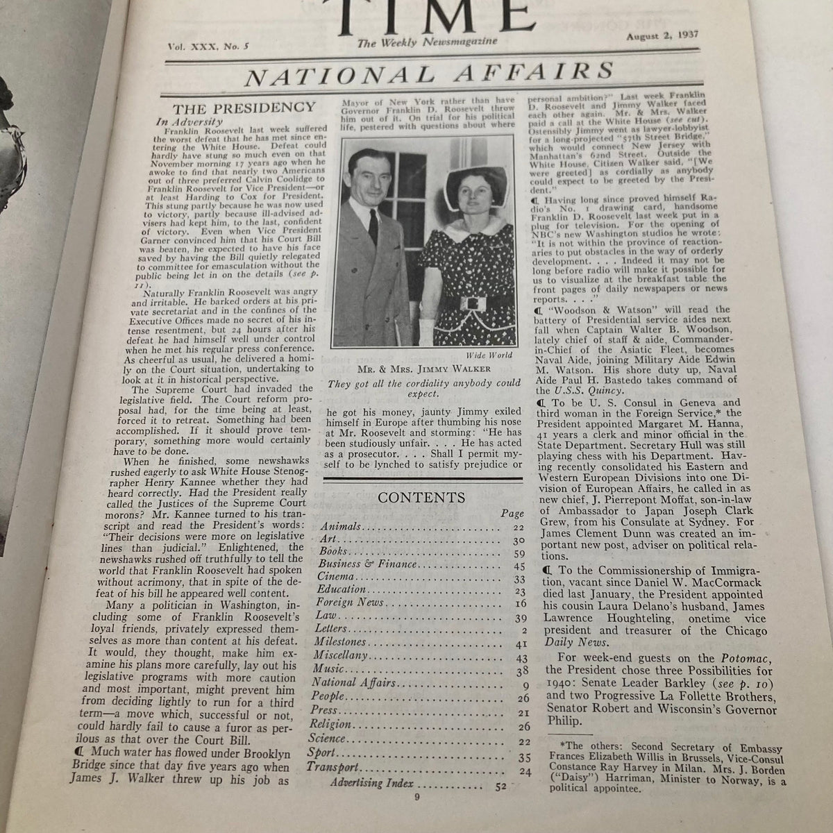 Interior page of VTG Time Magazine August 2 1937, Vol 30 No. 5 featuring National Affairs with an article about Franklin Roosevelt. Contains black and white photographs and text discussing political events of 1937.