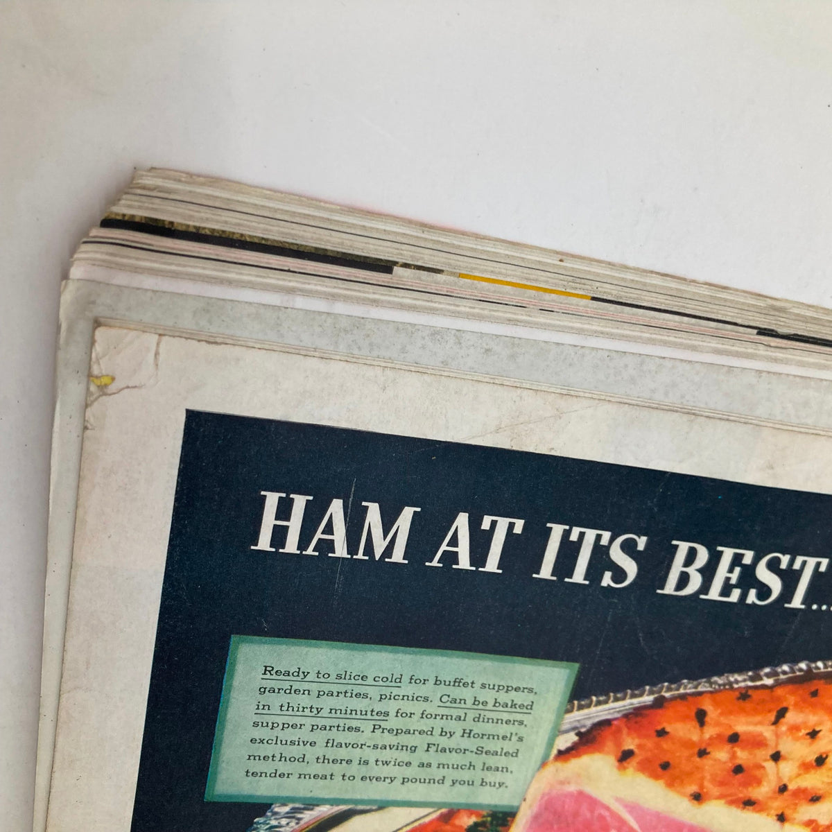 Close-up of an advertisement for Hormel's ham in VTG Time Magazine June 21 1937, highlighting food preparation details.