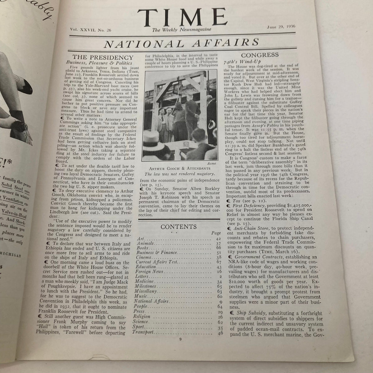 Interior page of the VTG Time Magazine June 29, 1936, displaying content on National Affairs, featuring articles and photographs from the era.