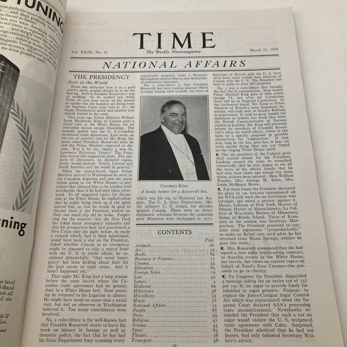 Inside page of the Vintage Time Magazine from March 15, 1937, featuring articles on national affairs, highlighting Canada's King and significant political discussions of the time.