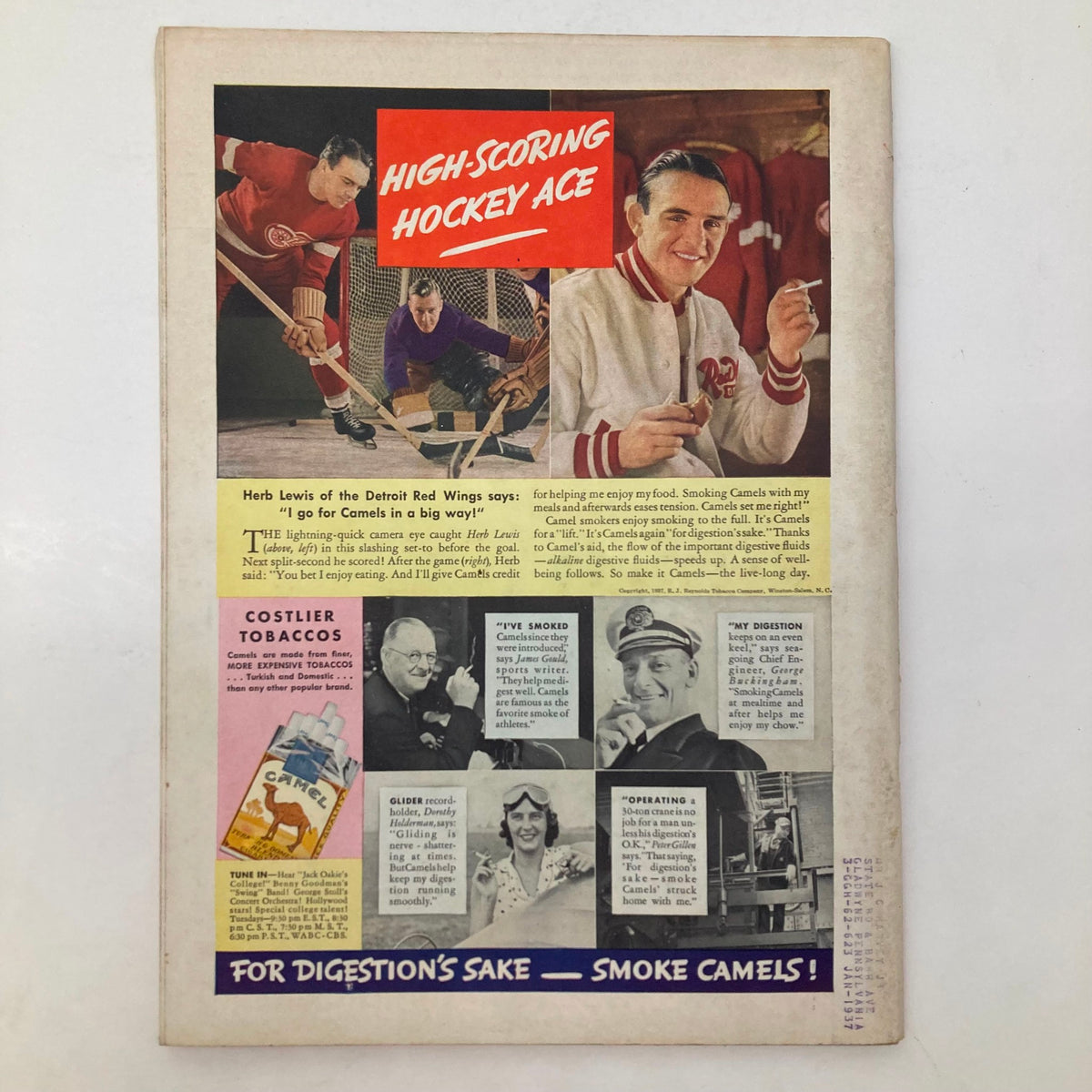 Back cover of Vintage Time Magazine from March 15, 1937, displaying an advertisement for Camel cigarettes with hockey-themed imagery, reflecting 1930s advertising style.
