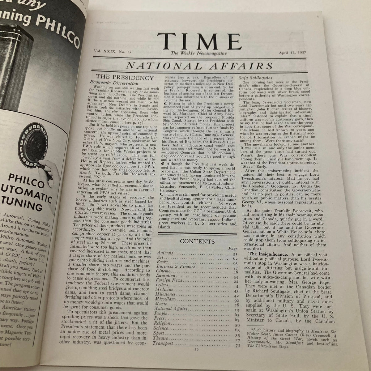 Inside view of the VTG Time Magazine April 12 1937, Vol 29 No. 15, containing articles including 'The Presidency' and listings of contents.