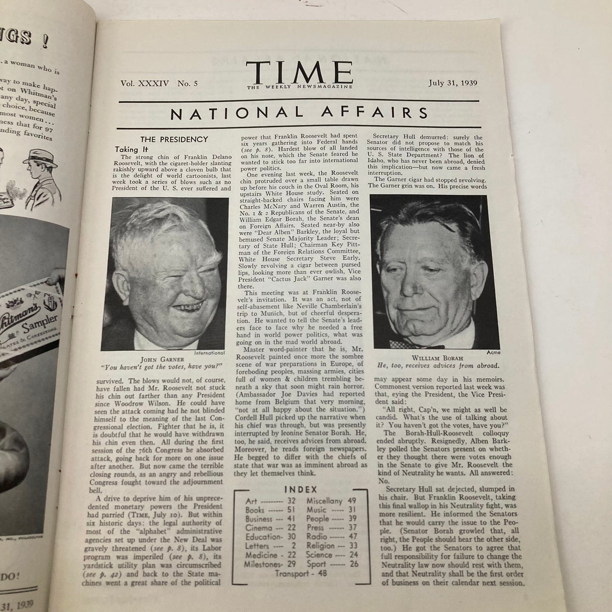 Interior page of Vintage Time Magazine July 31, 1939, showcasing articles on national affairs, including political commentary on figures like John Garner and William Borah.