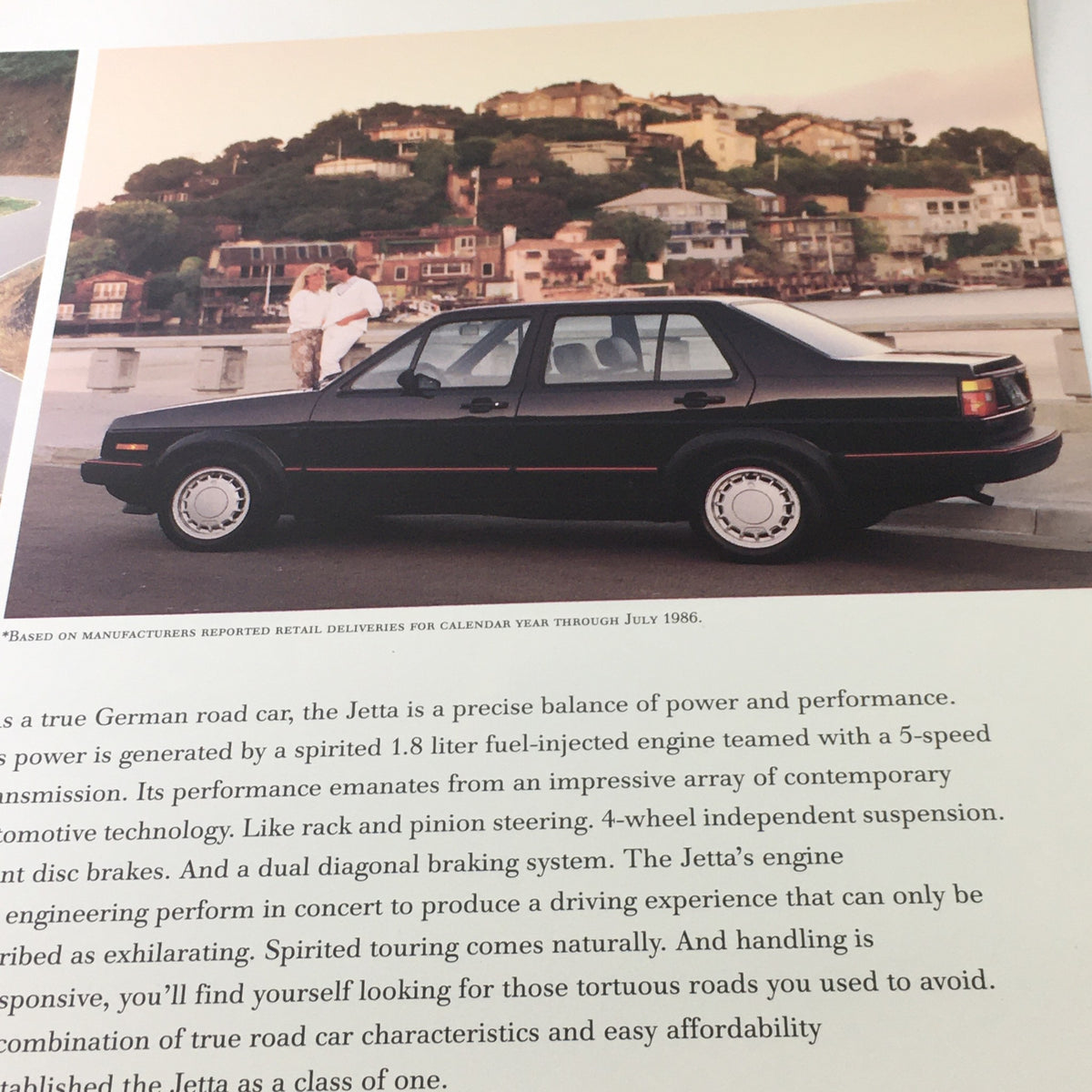 Detailed page from the 1987 Volkswagen Jetta Fox Golf GTI Dealership Car Auto Brochure Catalog showcasing a Volkswagen Jetta with specifications related to performance and handling.