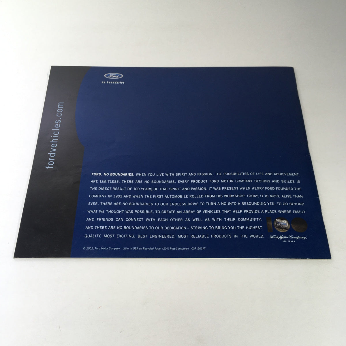 Back cover of the 2003 Ford F-150 4x4 Pickup Dealership Car Auto Brochure Catalog featuring the Ford logo and brand message.