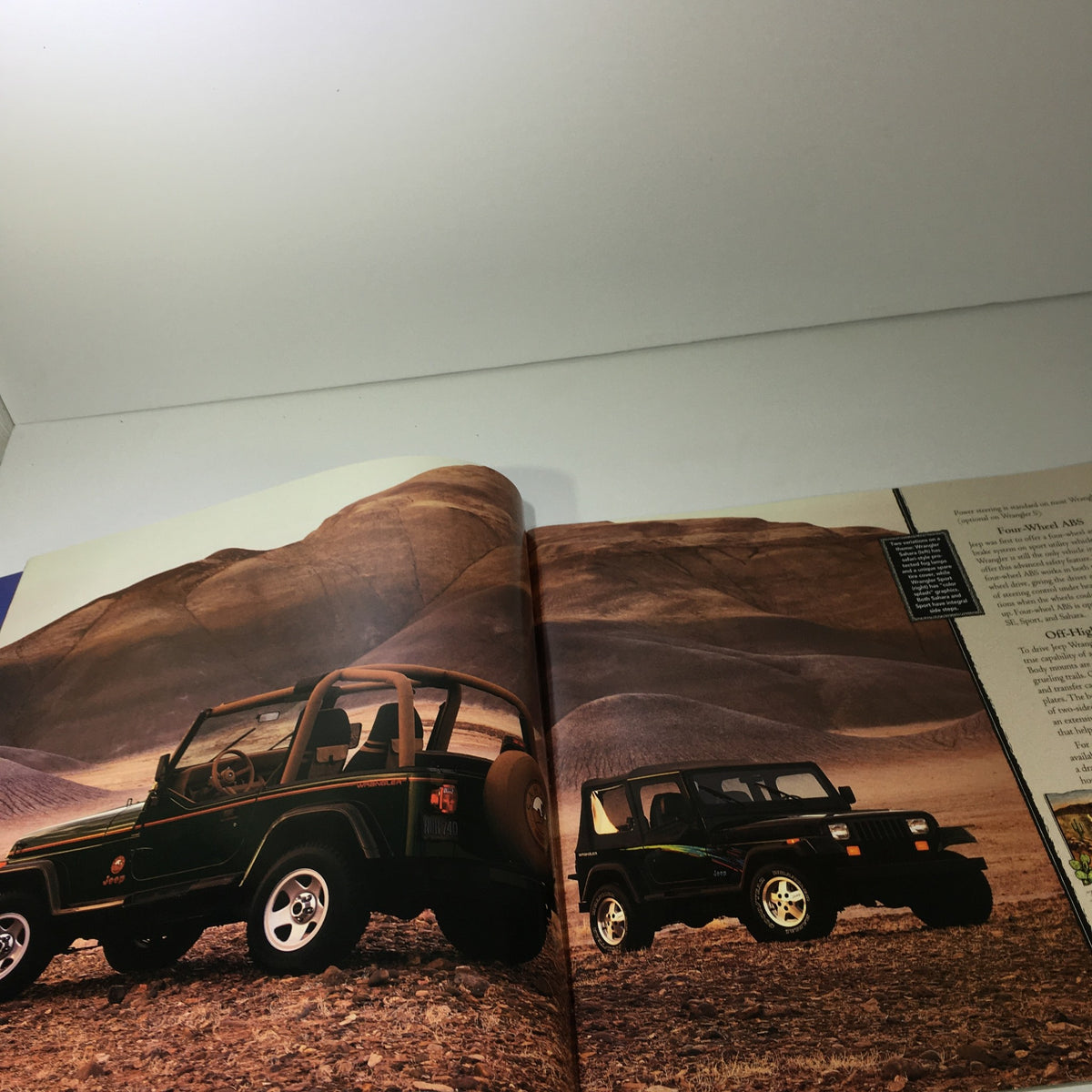 Page from the 1995 The Jeep Book Dealership Car Auto Brochure Catalog displaying two classic Jeep models in a desert landscape.