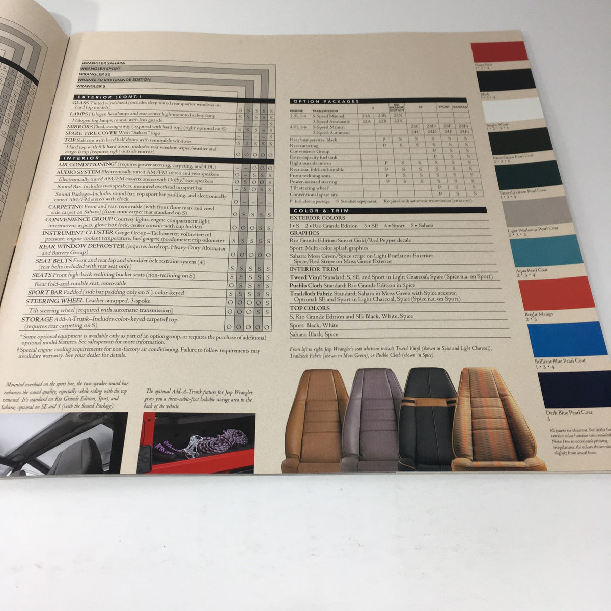Specifications page from the 1995 The Jeep Book Dealership Car Auto Brochure Catalog detailing the features and color options of the Jeep models.