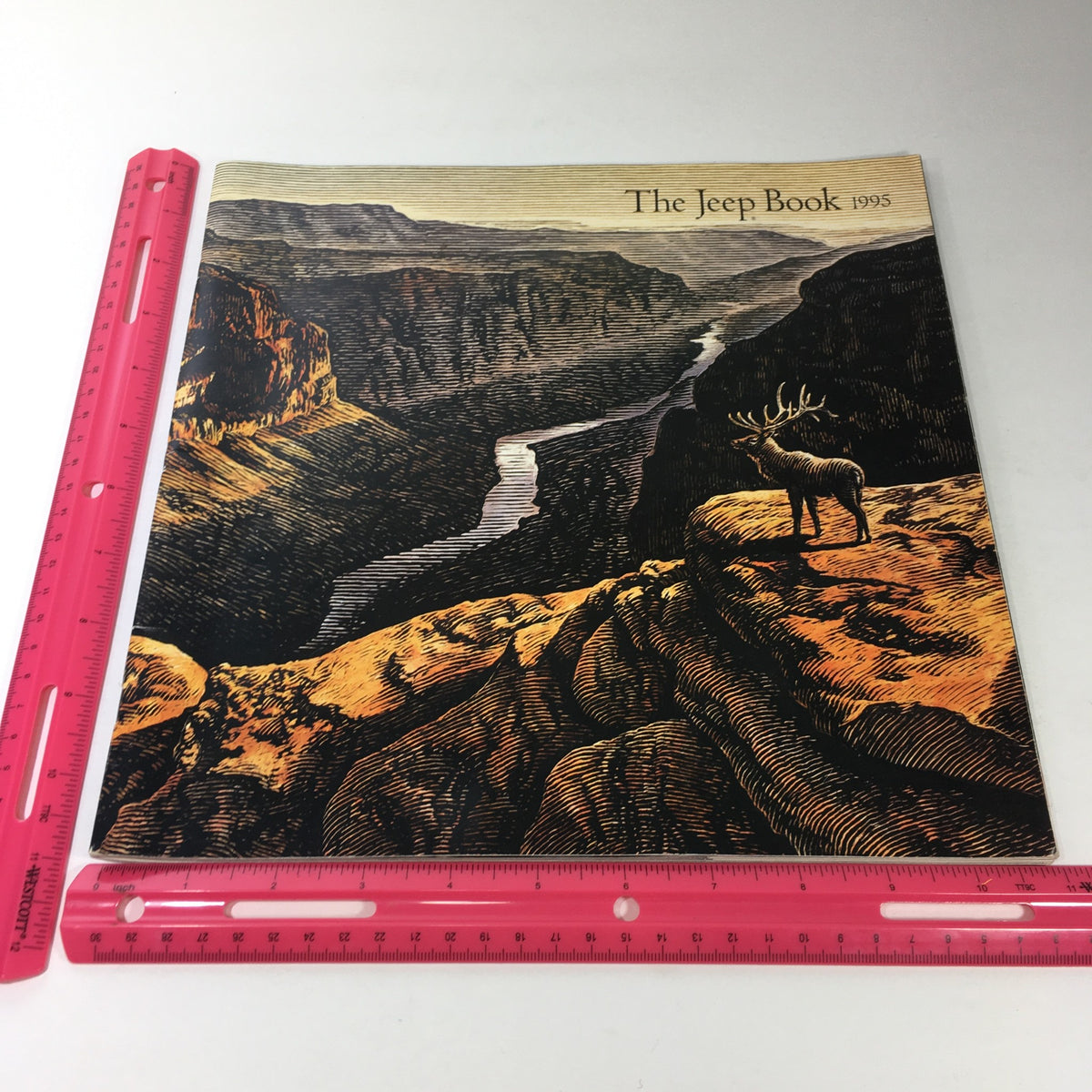 1995 The Jeep Book Dealership Car Auto Brochure Catalog front cover depicting a stunning landscape with a deer, highlighting outdoor adventure themes associated with Jeep vehicles.