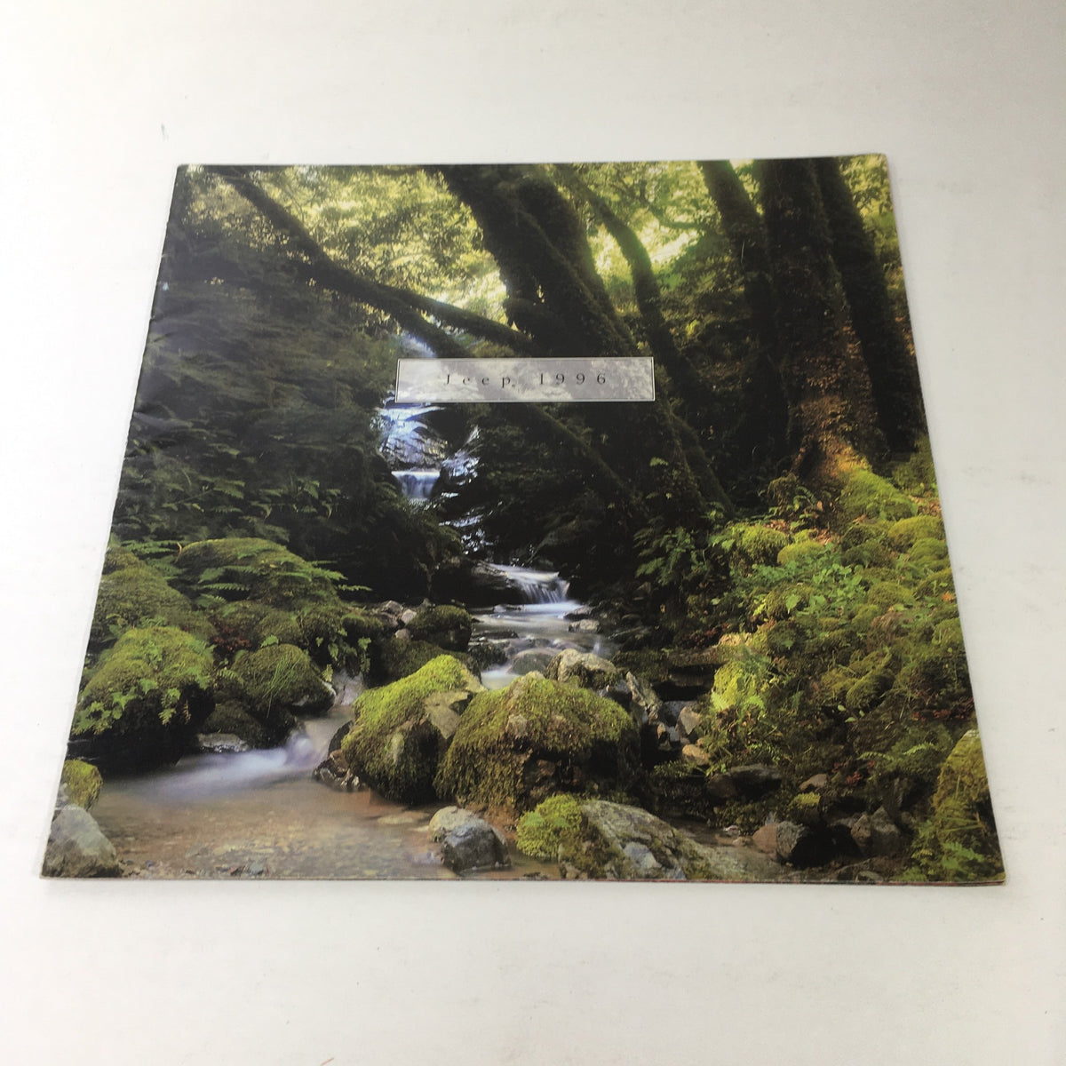 Cover of the 1996 Jeep TJ Wrangler and CJ-2A Dealership Car Auto Brochure Catalog featuring a serene forest stream.