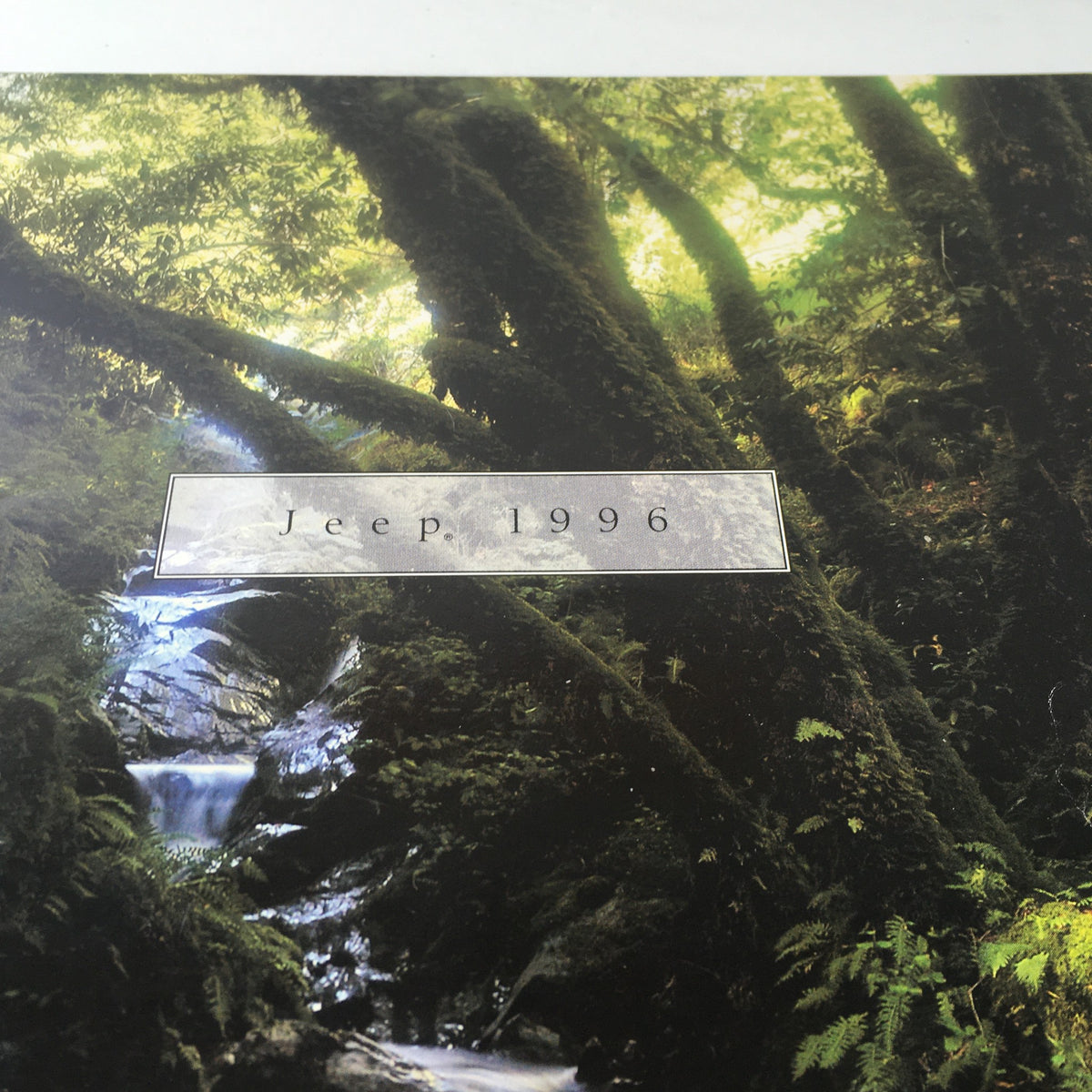 Detailed view of the 1996 Jeep logo on the cover of the brochure catalog set against a lush, green background.