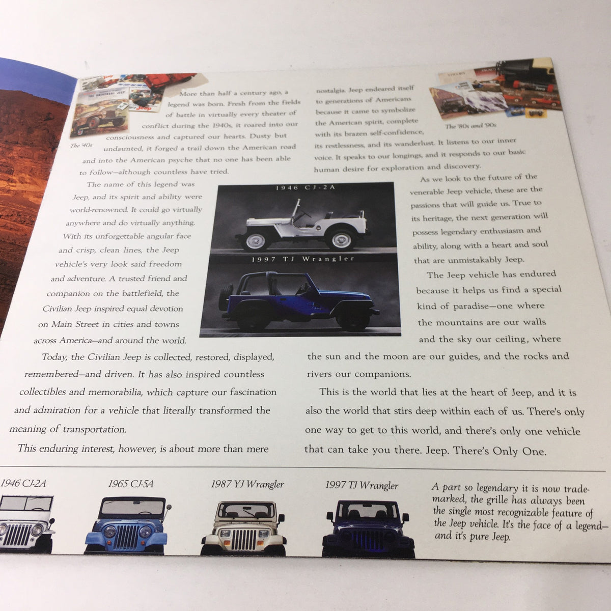 Inside page of the 1996 Jeep TJ Wrangler and CJ-2A Dealership Car Auto Brochure Catalog discussing the history of civilian Jeeps and their legacy.