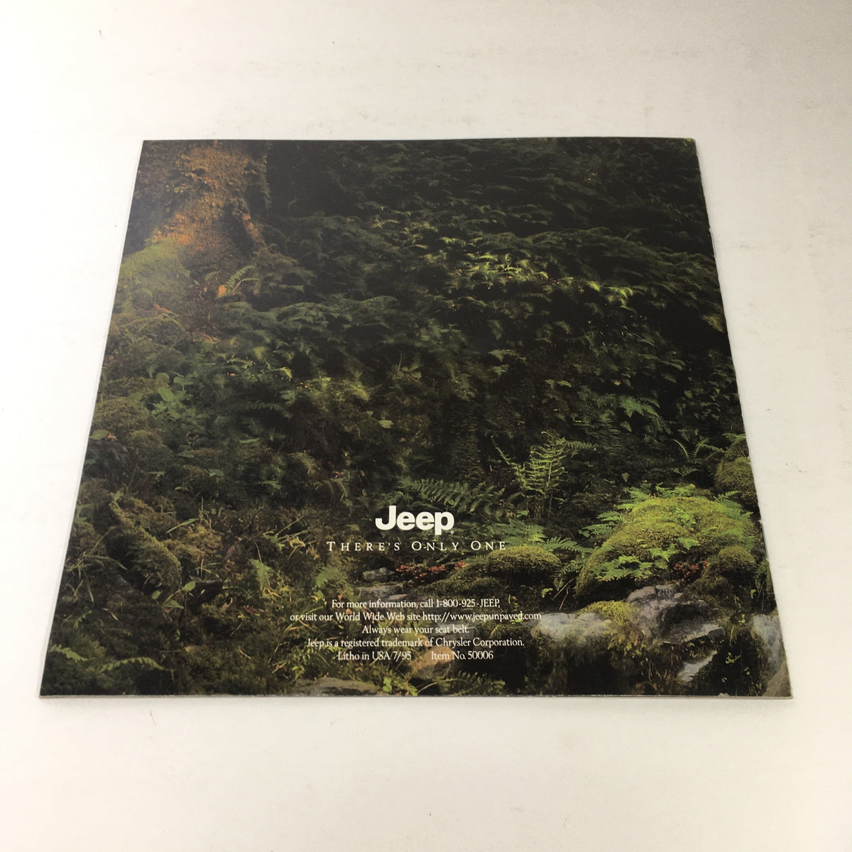 Back cover of the 1996 Jeep TJ Wrangler and CJ-2A dealership brochure featuring a serene forest scene with the Jeep logo.