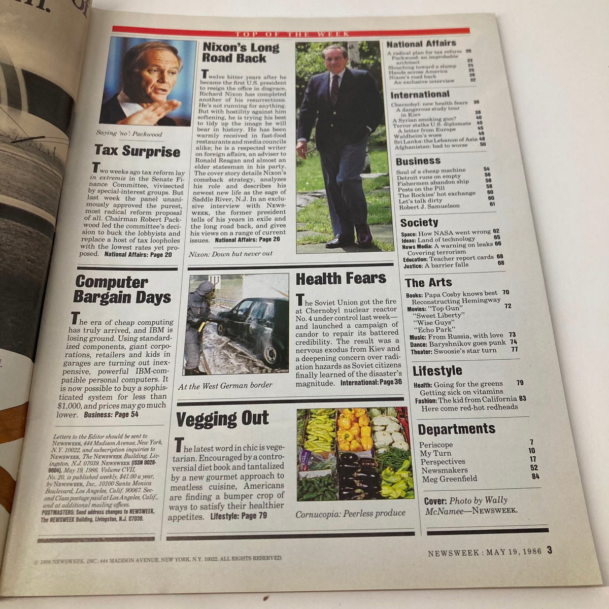 Inside page of the VTG Newsweek Magazine May 19 1986 containing articles including 'Nixon's Long Road Back' and various sections on current affairs.