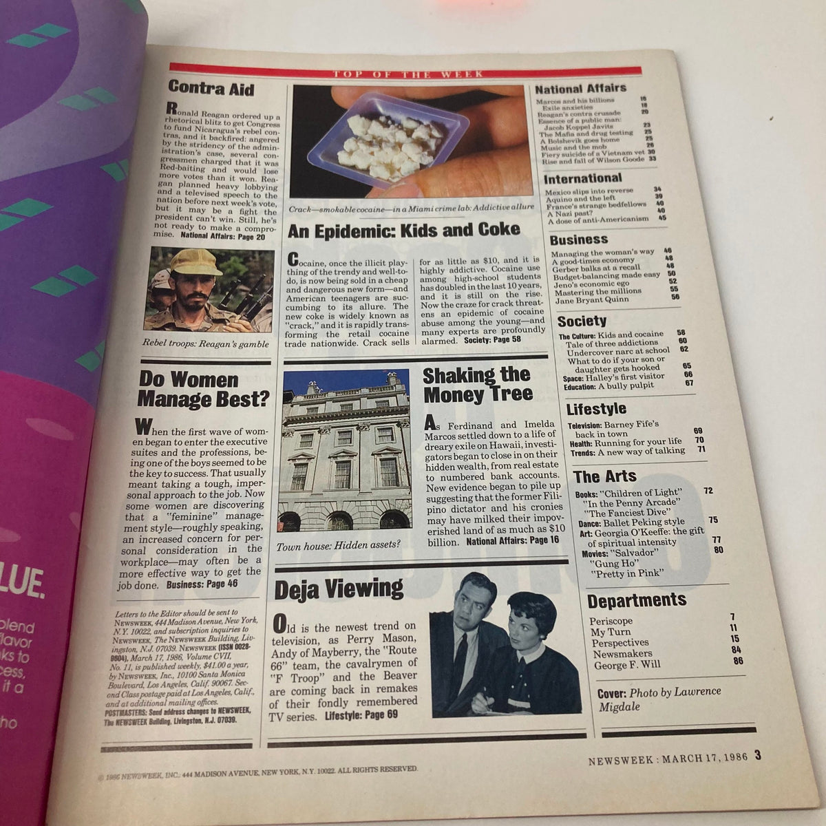 Inside page of VTG Newsweek Magazine March 17 1986 showcasing the article index including the title 'An Epidemic: Kids and Coke' among other topics.