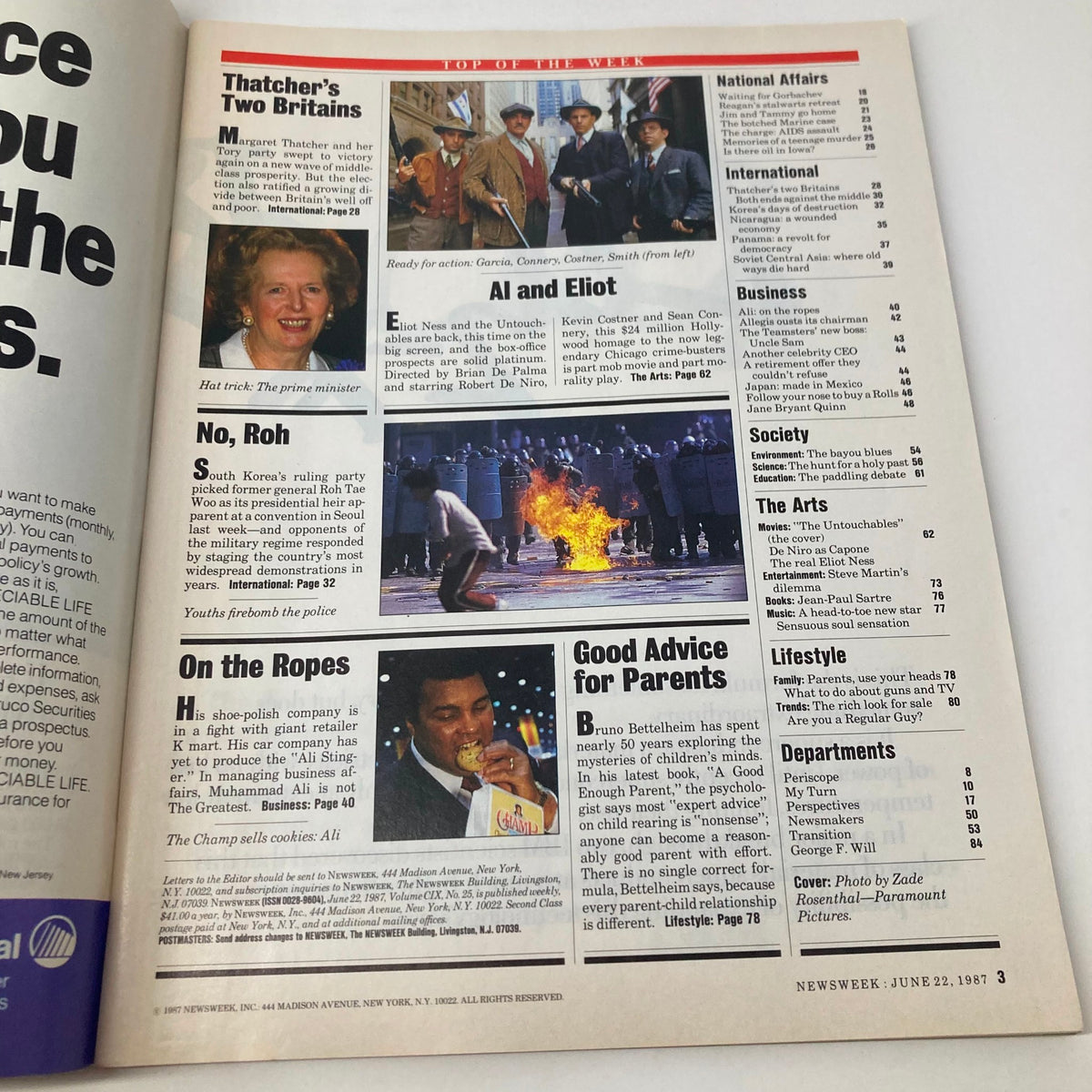Interior page of VTG Newsweek Magazine June 22 1987 showcasing articles including a highlight on 'The Untouchables', with images and text related to the film and its cultural context.