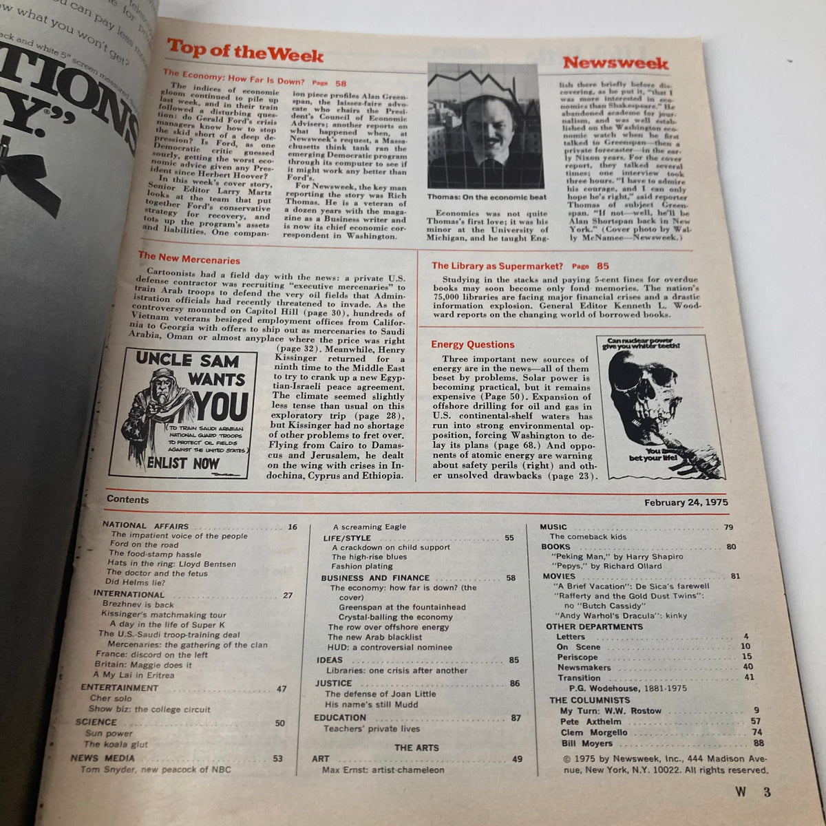 Inside page of the VTG Newsweek Magazine February 24 1975, displaying the contents section and articles related to economic topics and events of the 1970s.