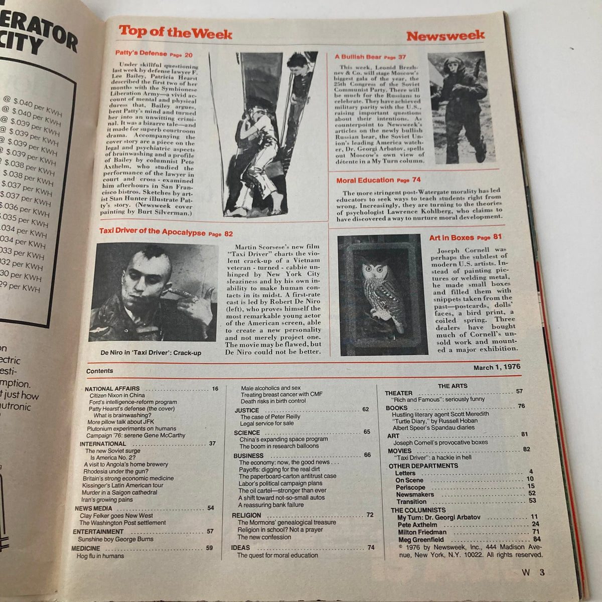 Contents page of the Newsweek magazine from March 1, 1976 featuring Patty Hearst's defense story, including sections like 'Taxi Driver of the Apocalypse' and 'Moral Education'.