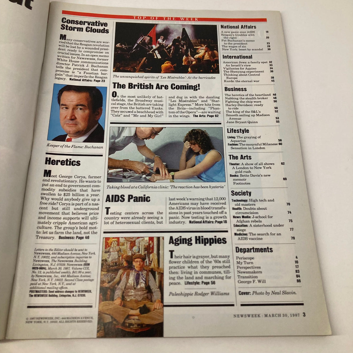 Page showcasing the contents of VTG Newsweek Magazine from March 30, 1987, featuring topics like 'Les Miserables', national affairs, lifestyle, and arts.