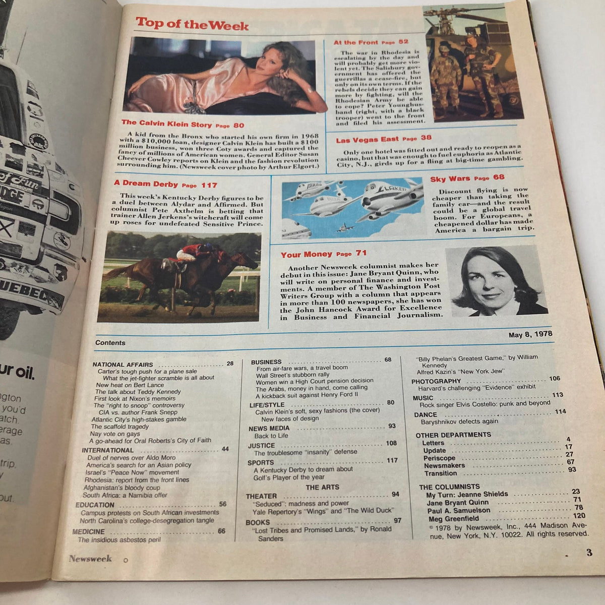 Interior page of VTG Newsweek Magazine May 8 1978 detailing the contents, including The Calvin Klein Story.