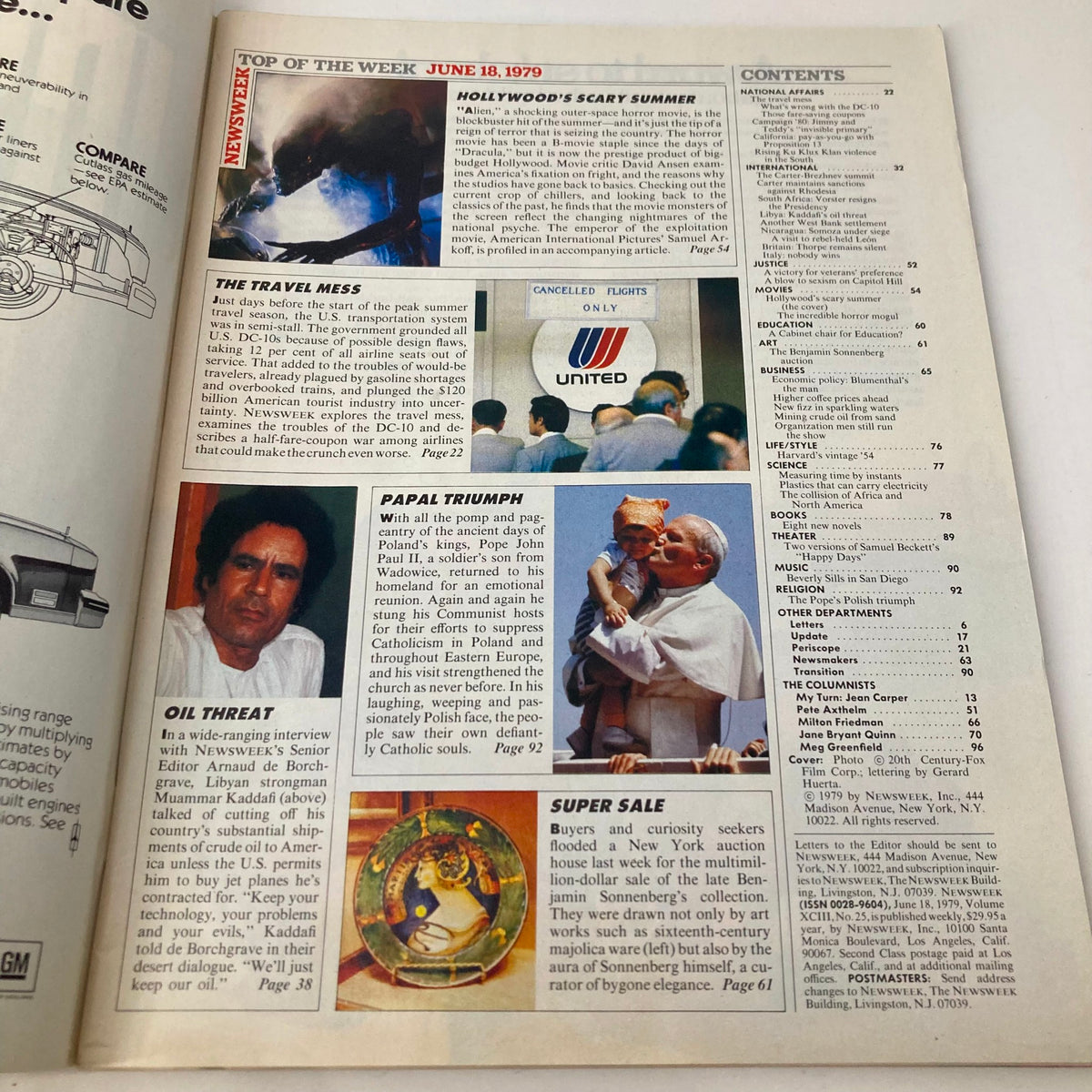 Inside page of VTG Newsweek Magazine June 18, 1979, showcasing articles including 'Hollywood's Scary Summer' and details on current events.