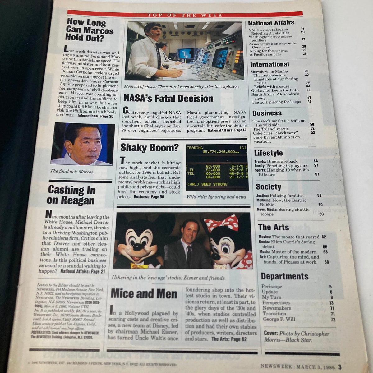 Inside page of VTG Newsweek Magazine March 3 1986 showing articles related to Ferdinand Marcos and significant news headlines, capturing the political climate of the era.