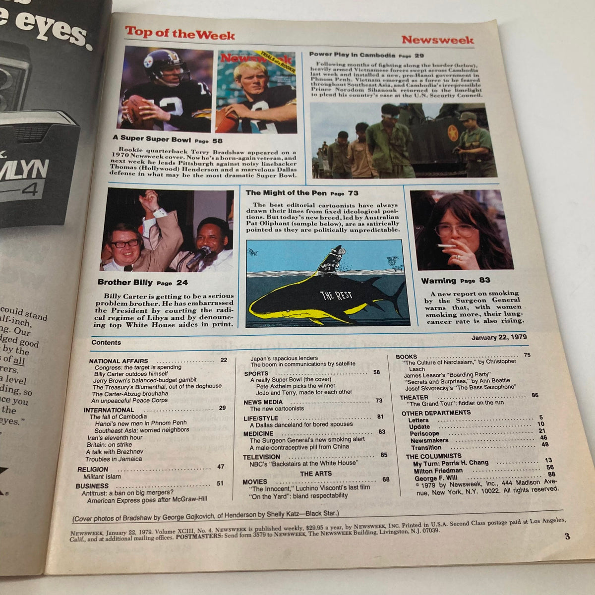Inside page of VTG Newsweek Magazine January 22 1979 displaying contents including articles on Terry Bradshaw and the Super Bowl alongside other current events of the time.