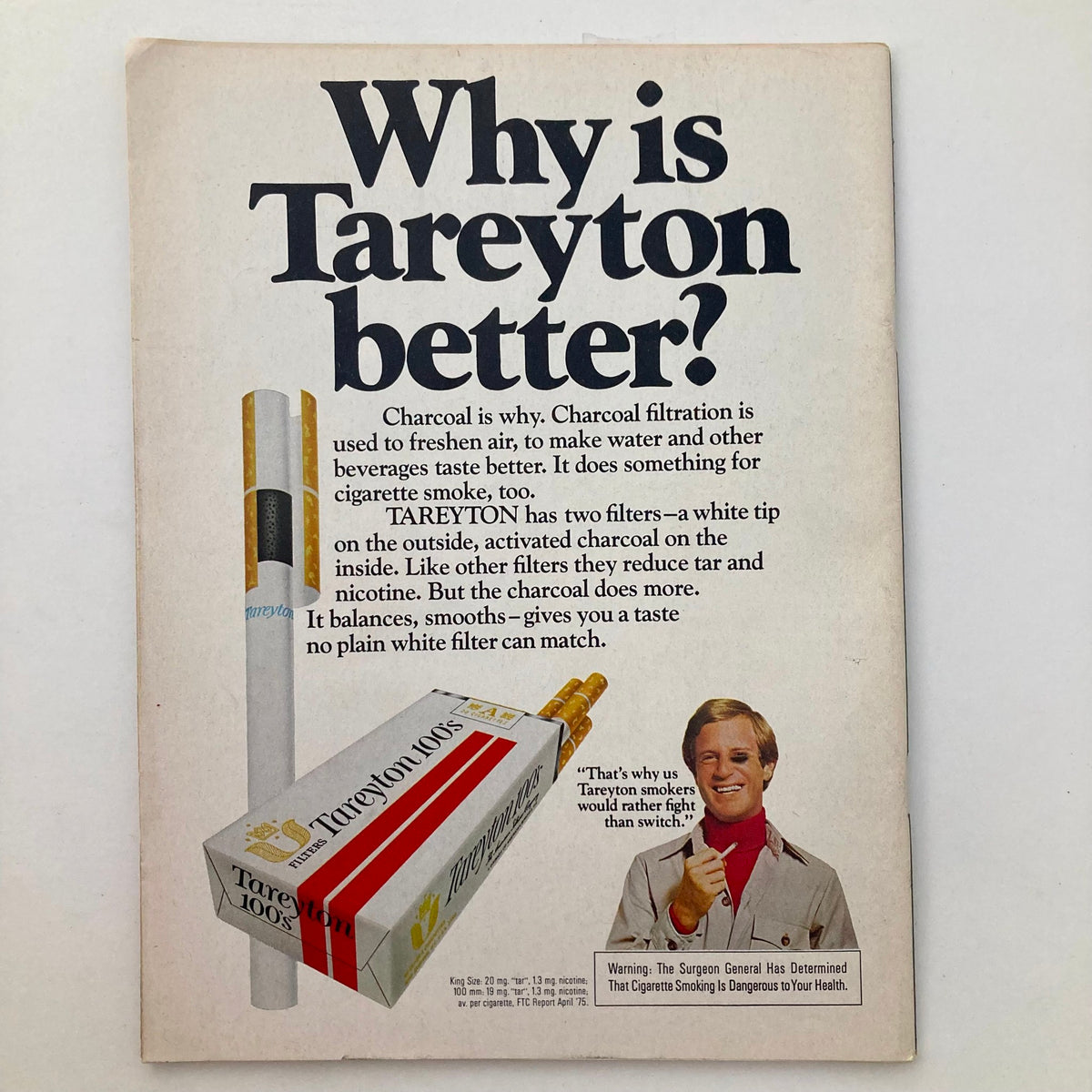 Vintage advertisement for Tareyton cigarettes featuring a dual-filter design, presented in an educational format. The ad emphasizes the benefits of charcoal filtration and includes an image of a Tareyton cigarette pack alongside a model promoting the brand. This ad is from the December 22, 1975 issue of Newsweek magazine, titled 'Gerald Ford In Trouble'.