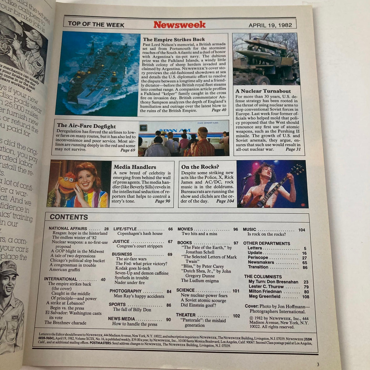 Contents page from the VTG Newsweek Magazine April 19, 1982 featuring articles about the Falkland Crisis, military operations, and pop culture.