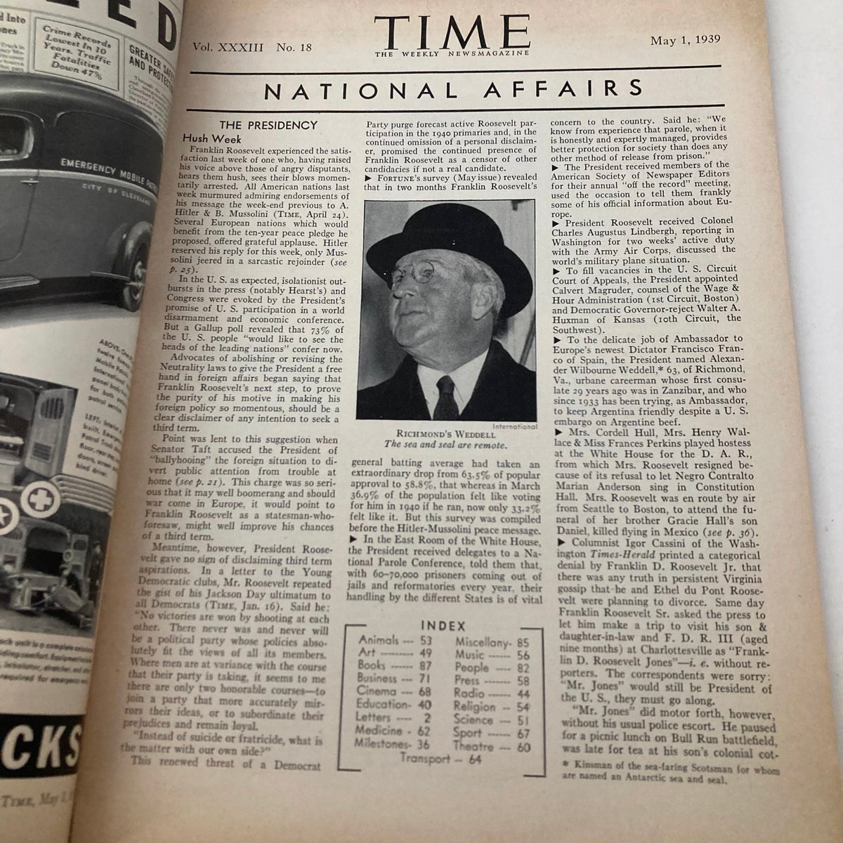 Inside page of Vintage Time Magazine May 1, 1939, detailing National Affairs with a photograph of Richmond Weddell, Volume 33, Number 18.