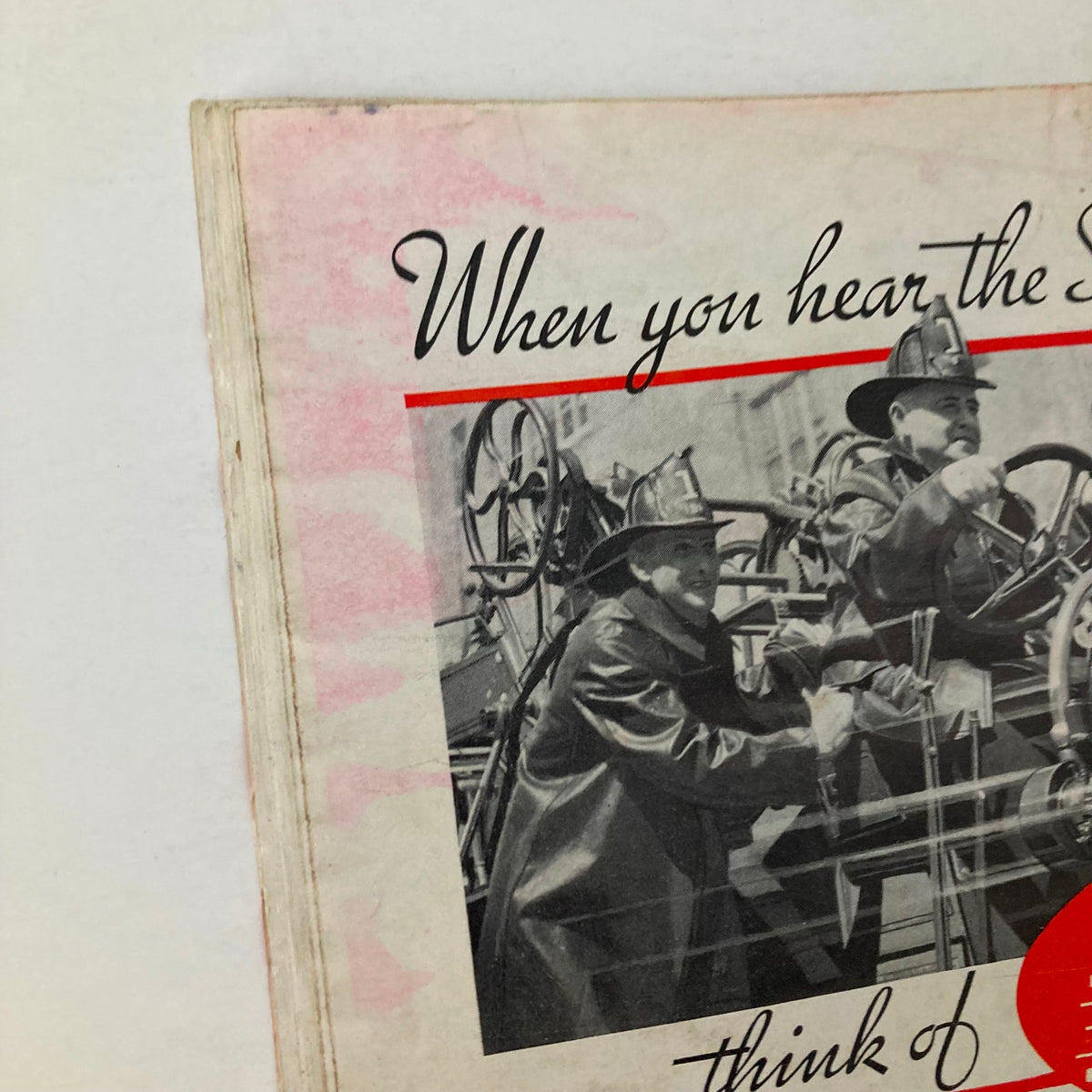 Close-up detail of the back cover of VTG Time Magazine from October 22, 1934, featuring Texaco Fire-Chiefs advertisement with images of firefighters, emphasizing emergency services and vintage branding.