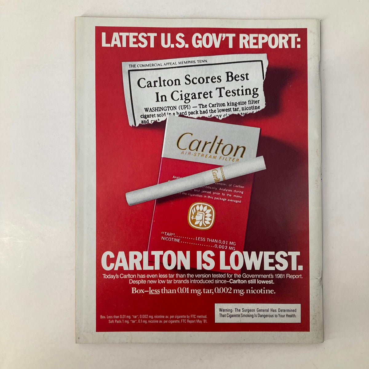Back cover of VTG Newsweek Magazine March 8 1982 displaying an advertisement for Carlton Cigarettes, emphasizing low tar and nicotine content.