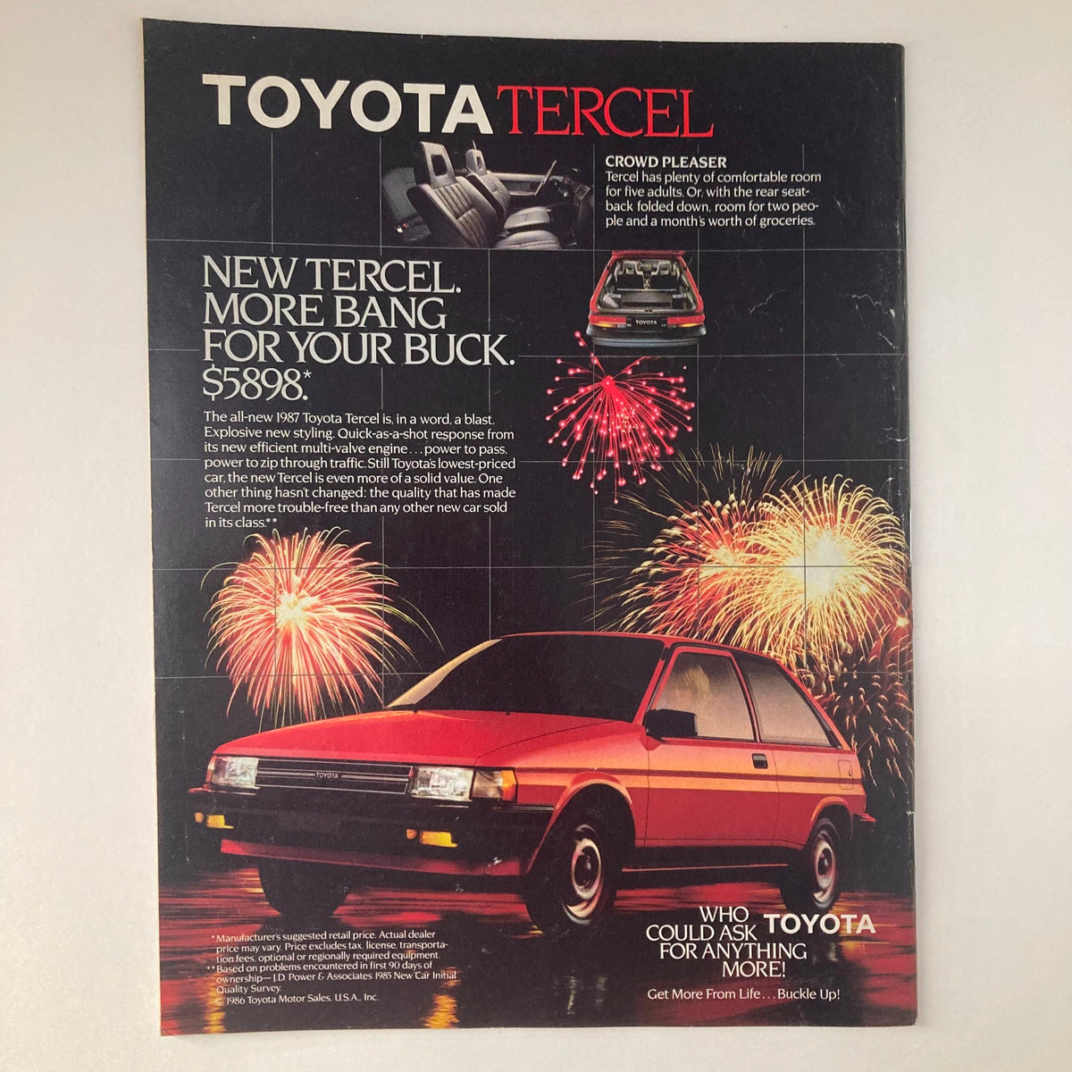 Advertisement for the 1987 Toyota Tercel in VTG Newsweek Magazine from December 22, 1986 showcasing features and price.