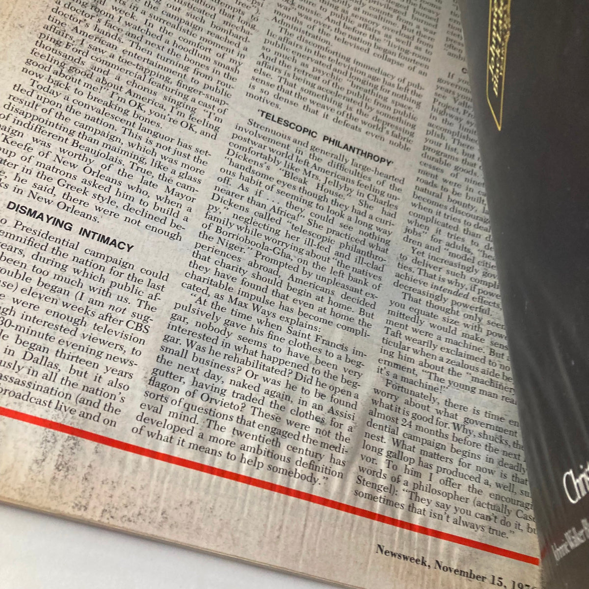 Page from VTG Newsweek Magazine November 15, 1976 showing text discussing themes of philanthropy and the political climate during the 1976 election.