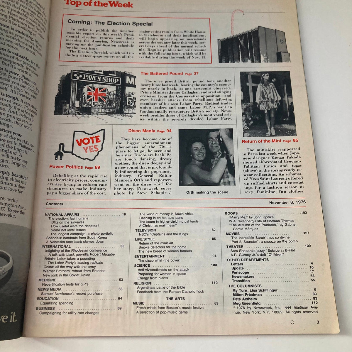 Contents page of Vintage Newsweek Magazine November 8, 1976, with articles related to disco culture, including 'Disco Mania' and other social topics.