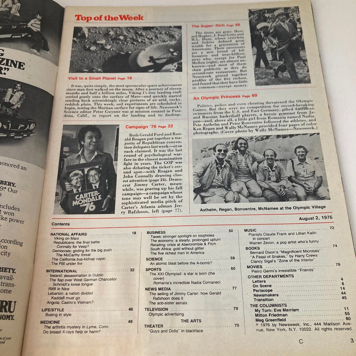 Contents page of VTG Newsweek Magazine August 2, 1976 showcasing articles including one on Nadia Comaneci under the section 'Top of the Week'.
