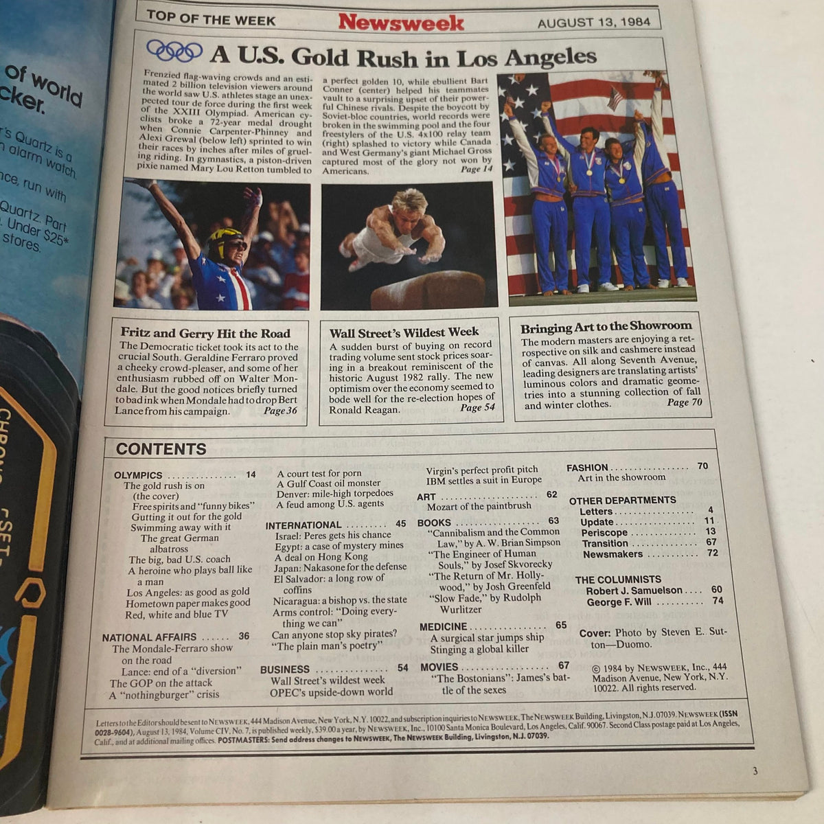 Inside page of the VTG Newsweek Magazine August 13 1984 showing the contents section, including details about the Olympic coverage and the feature on Mary Lou Retton.