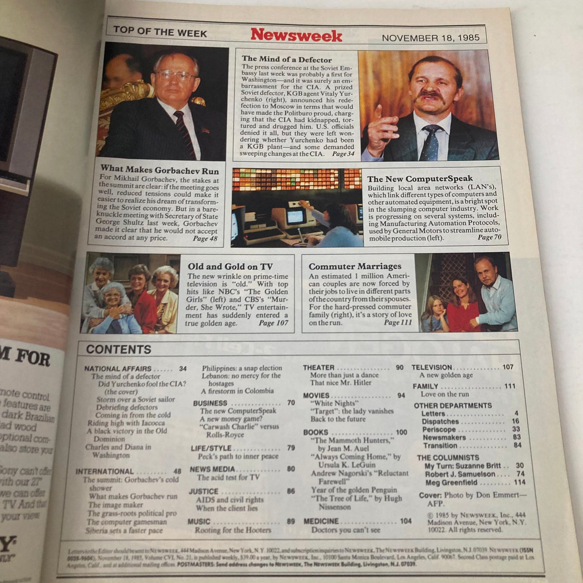 Inside page of VTG Newsweek Magazine November 18 1985 featuring significant articles, including 'Mind of a Defector' and 'What Makes Gorbachev Run' on the left side.
