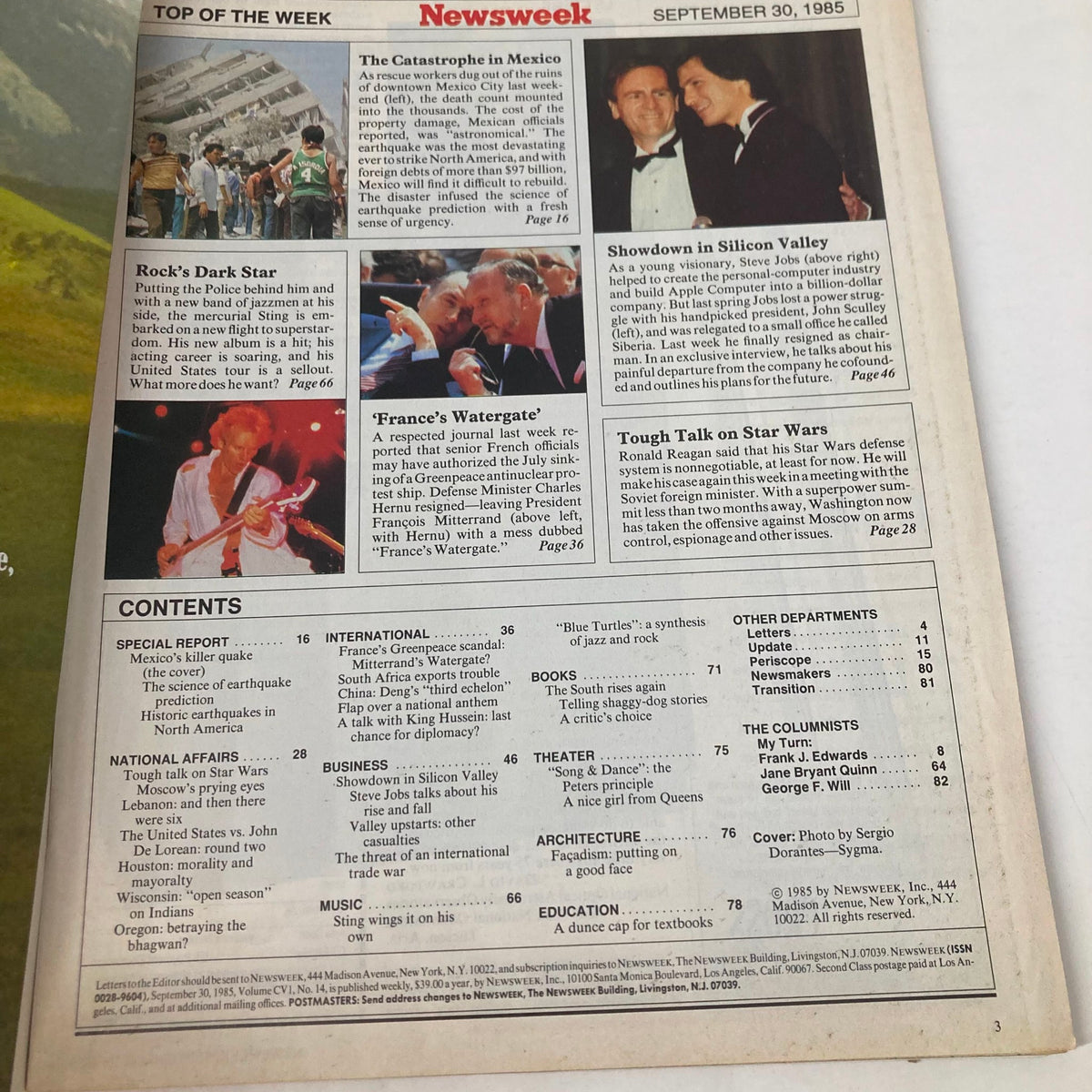 Inside view of VTG Newsweek Magazine dated September 30, 1985, showcasing the contents page and articles related to the Killer Quake in Mexico.