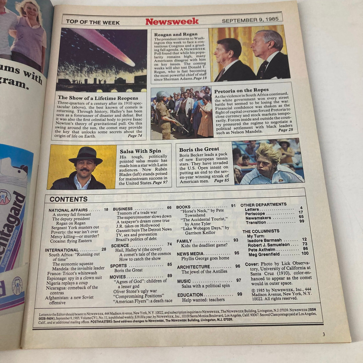 Inside page of the September 9, 1985 Newsweek magazine featuring an overview of its contents, with articles related to Halley's Comet and other significant events discussed in that issue.