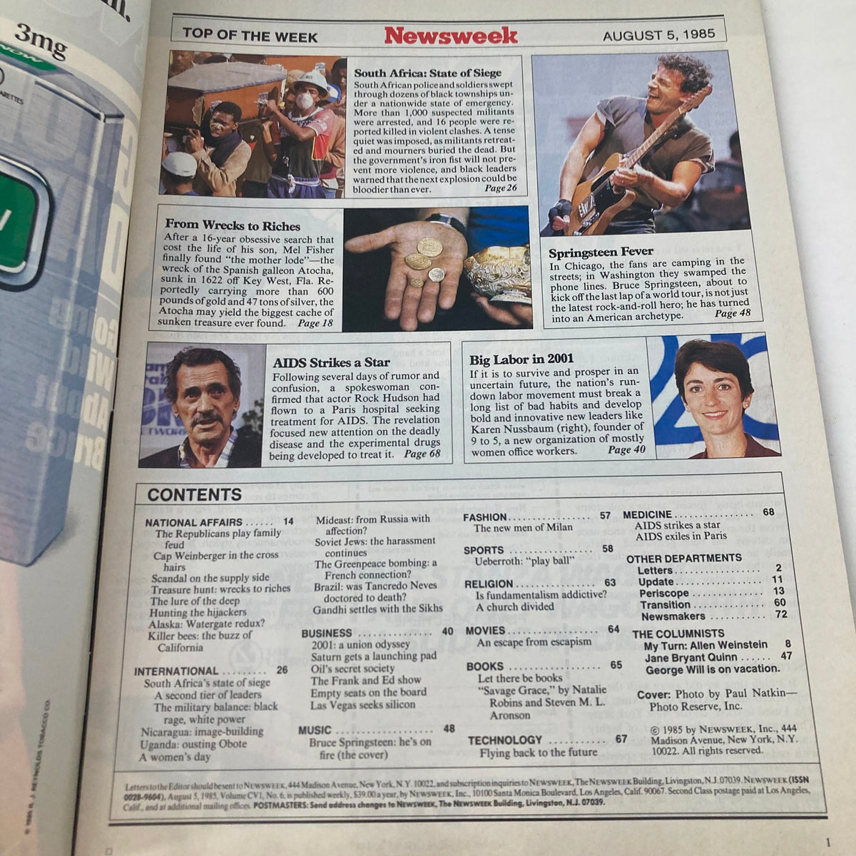 VTG Newsweek magazine August 5, 1985 featuring Bruce Springsteen with headlines on various topics, including AIDS and labor issues.