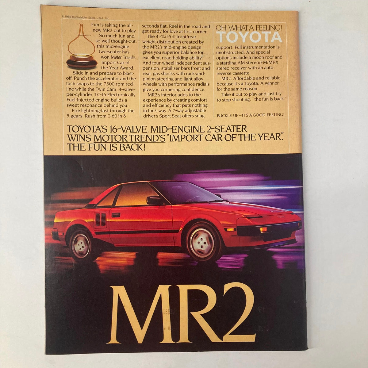 VTG Newsweek magazine August 5, 1985 back cover showcasing the Toyota MR2, highlighting its features and performance.
