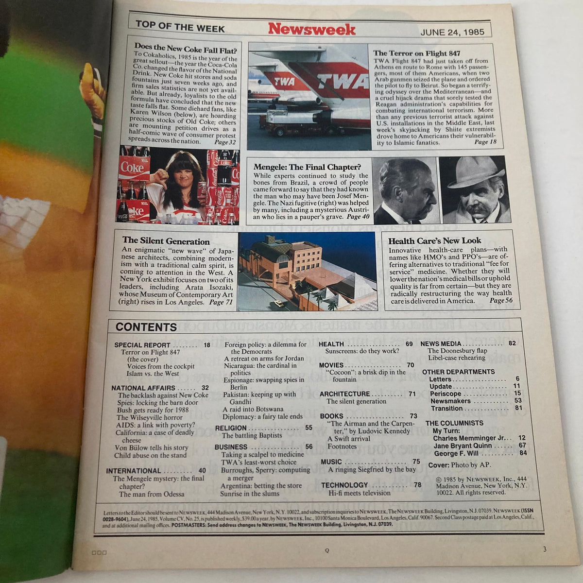 Inside page of VTG Newsweek Magazine June 24 1985, displaying the contents section, highlighting articles including 'Terror on Flight 847'.
