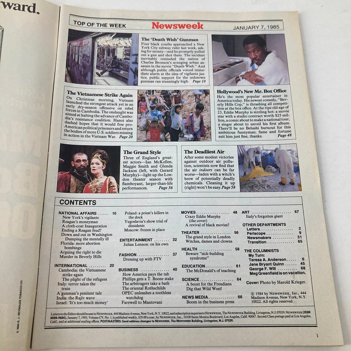 Inside page of VTG Newsweek Magazine January 7 1985 featuring a top stories section highlighting 'Hollywood's New Mr. Box Office' with Eddie Murphy and cultural topics of the era.