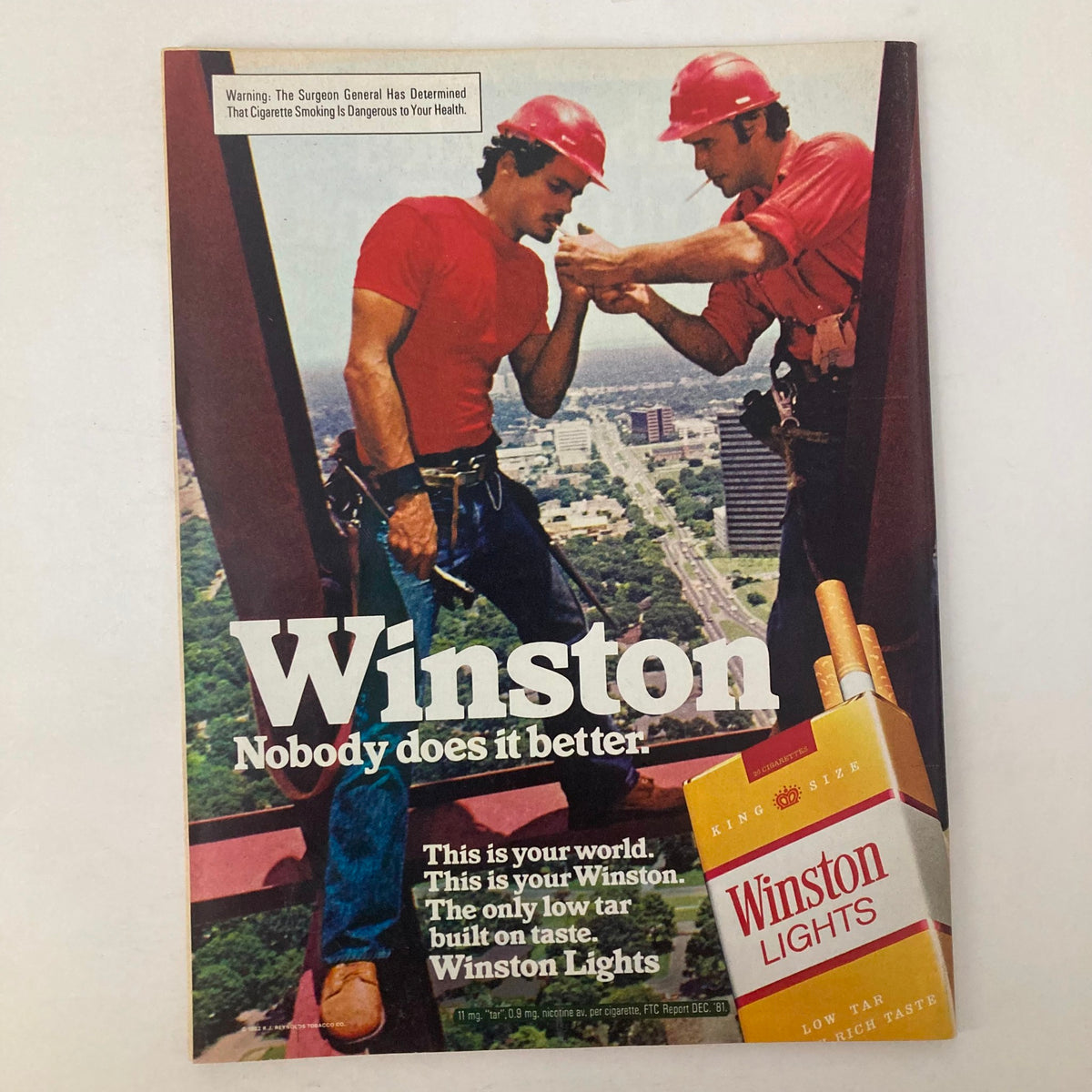 Vintage advertisement for Winston Lights cigarettes featuring two construction workers on a high-rise. The ad reads, 'Winston Nobody does it better.' This ad captures the essence of the 1980s, reflecting the cultural landscape of the era.