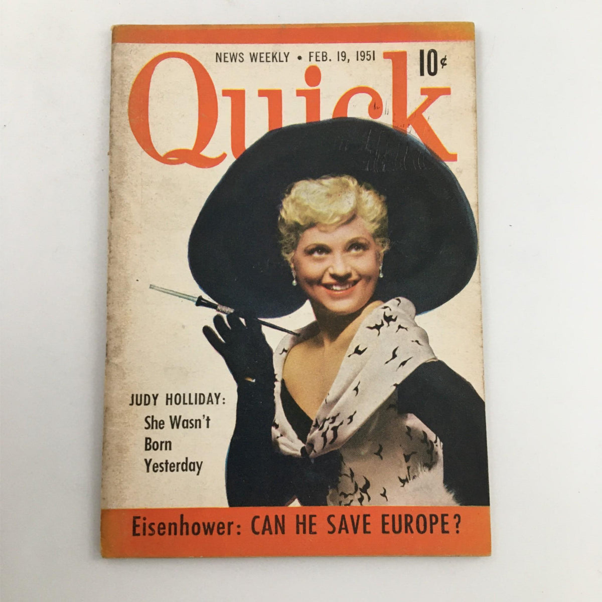Cover of Quick Magazine February 19, 1951 featuring Judy Holliday in stylish attire. The cover includes headlines about Judy Holliday and news on Eisenhower, making it a collectible piece from the early 1950s.