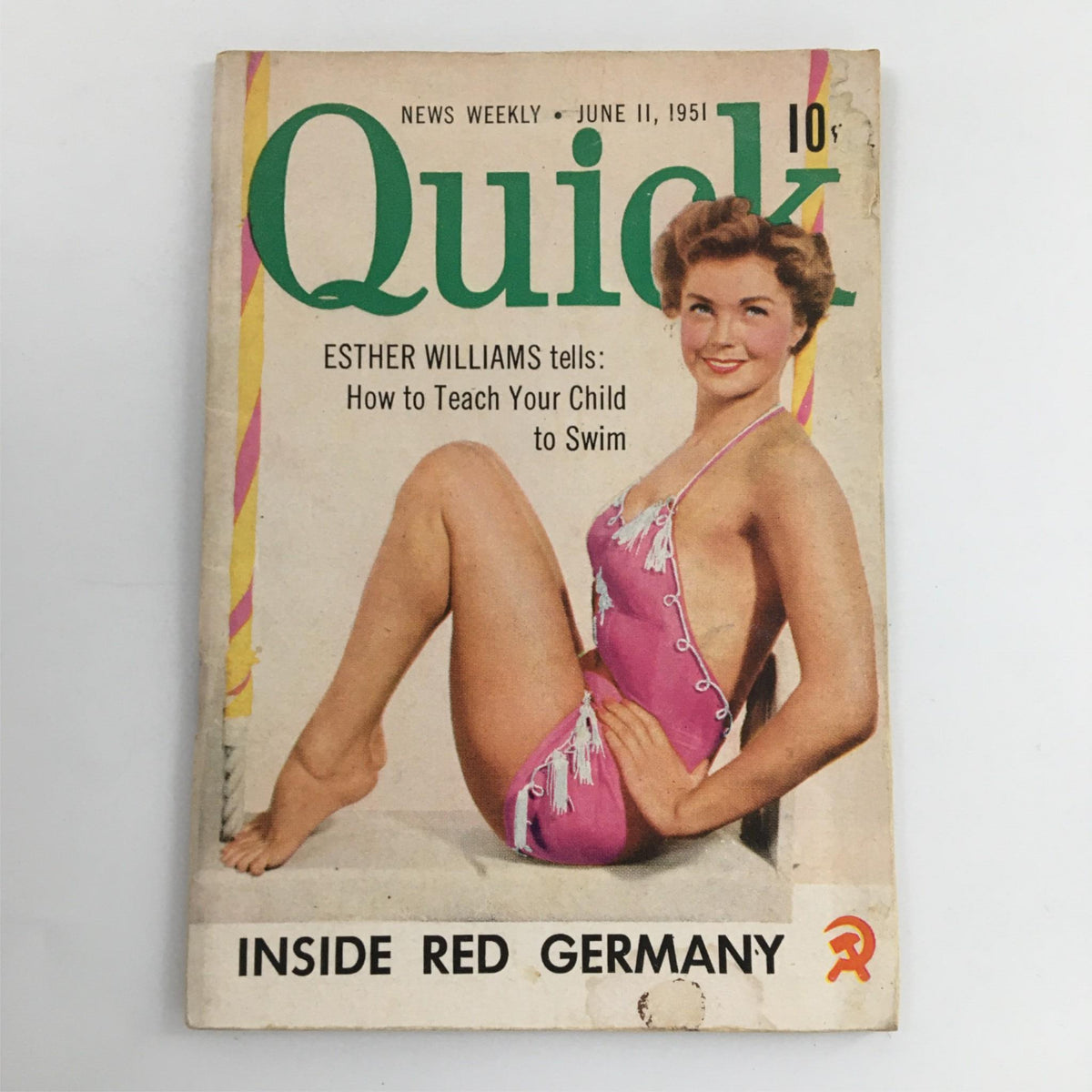 Cover of Quick Magazine from June 11, 1951 featuring Esther Williams in a pink swimsuit, highlighting the title 'How to Teach Your Child to Swim'.