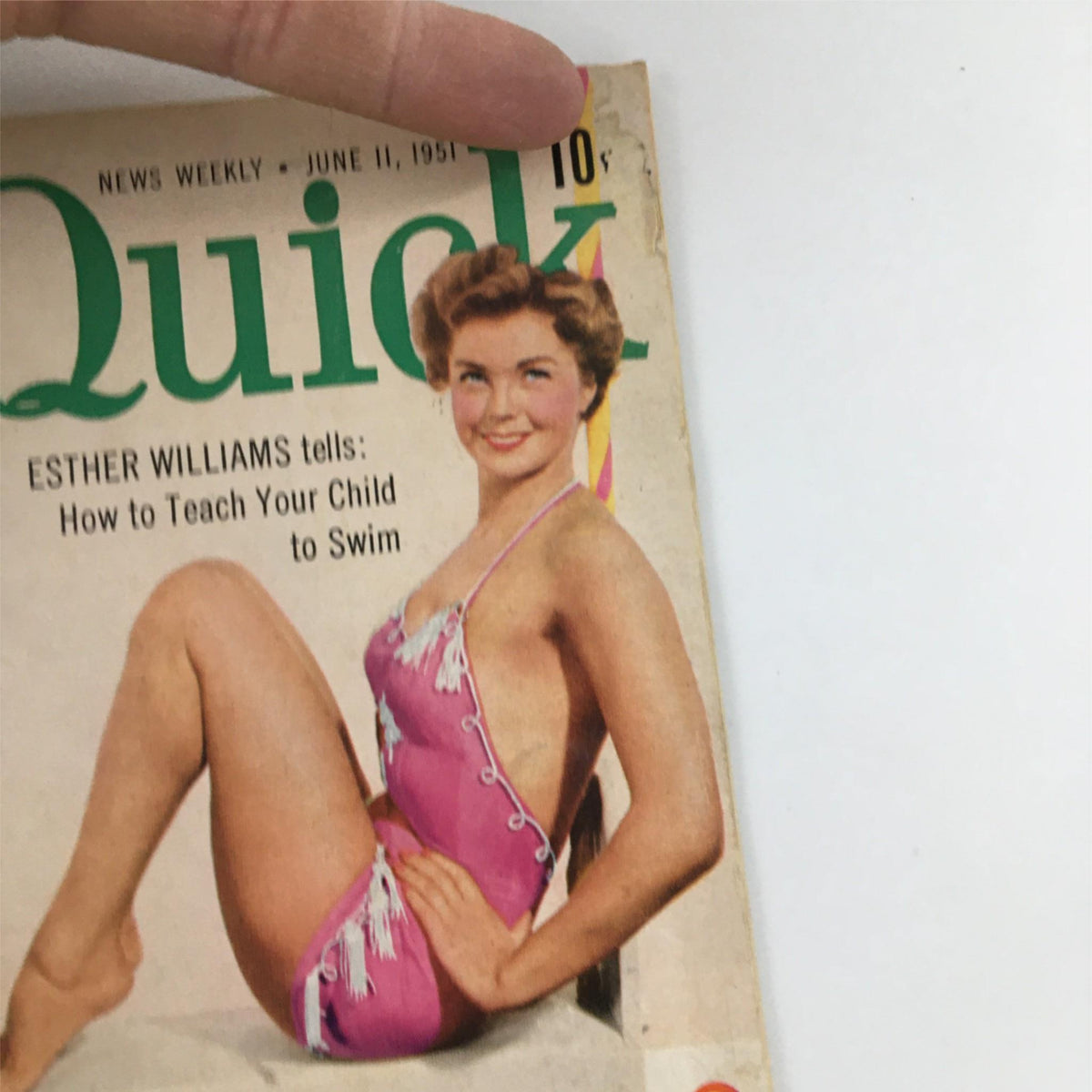 Cover of Quick Magazine from June 11, 1951 featuring Esther Williams, showcasing a vintage magazine design with the title 'Quick', priced at 10 cents, and an image of Esther Williams in a pink swimsuit promoting swimming tips.