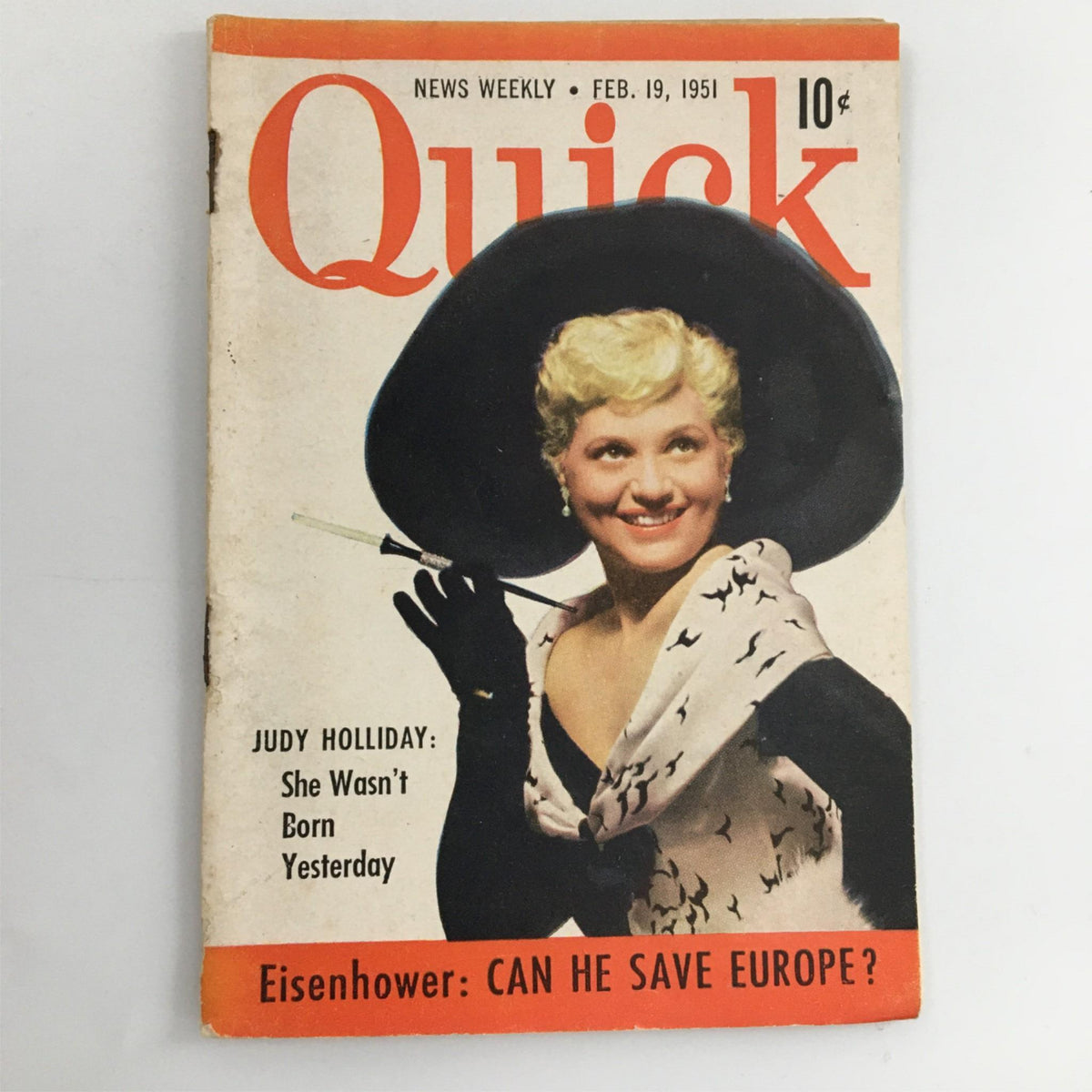 Quick Magazine February 19, 1951 cover featuring Judy Holliday in a hat, promoting articles on Eisenhower and the social dynamics of the 1950s.