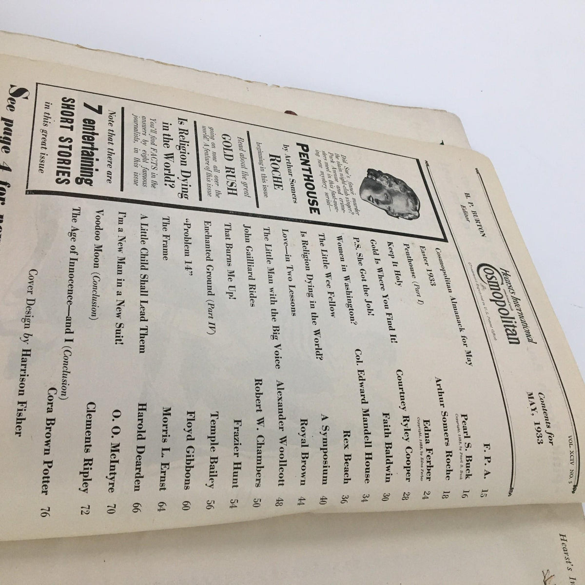 Interior page of Hearst's International with Cosmopolitan Magazine May 1933, featuring the table of contents and a feature titled Penthouse by Roche.